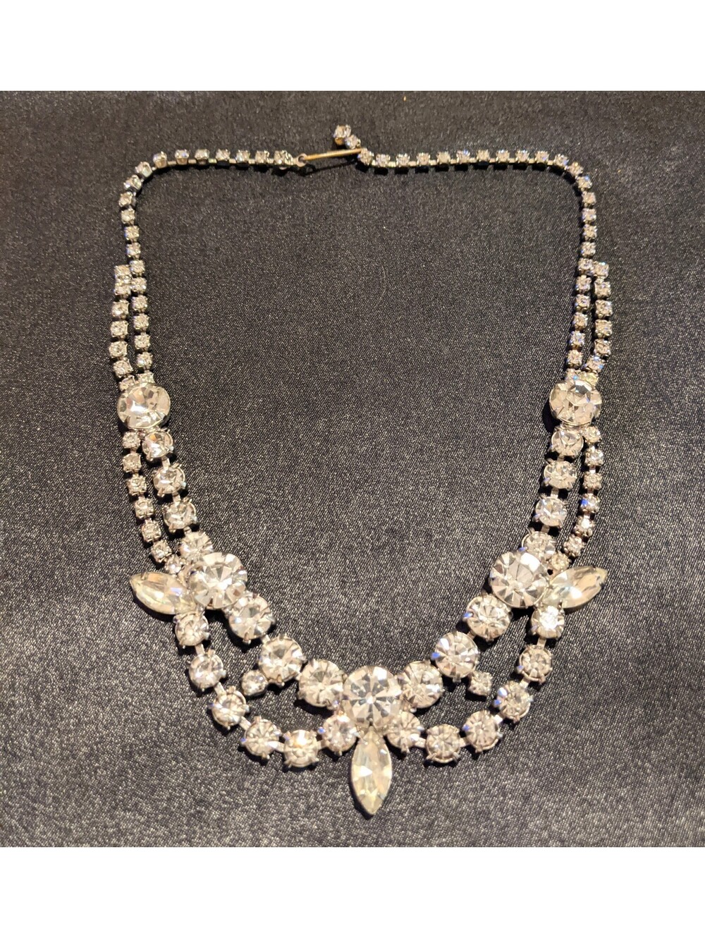 Vintage Clear Rhinestone Bib Style Necklace Prong Set Drapey Choker Wedding 16"